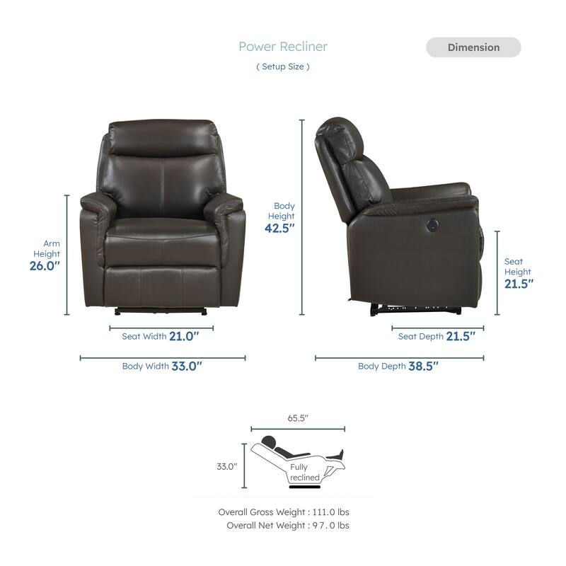 Fremont & Park Beau 33" Leather Power Reclining Chair - Power Control, Charging Ports