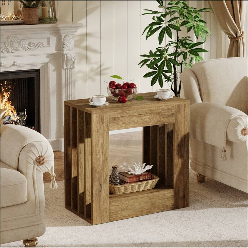 2 Tier Side Table for Living Room, Rectangular Couch End Table with Storage for Bedroom, Farmhouse Style