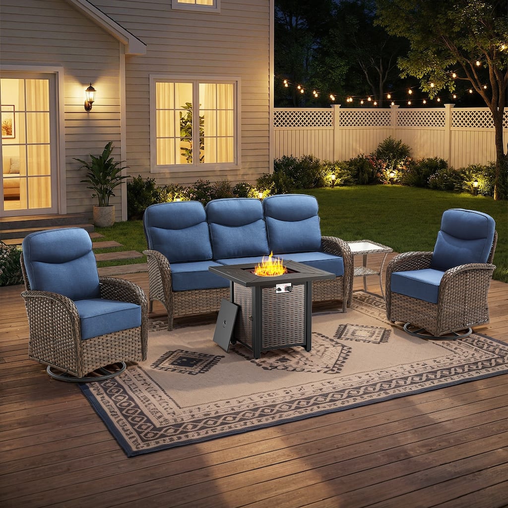 Pocassy Outdoor Sofa Swivel Chair and Ottman with 30in Fire Pit Table