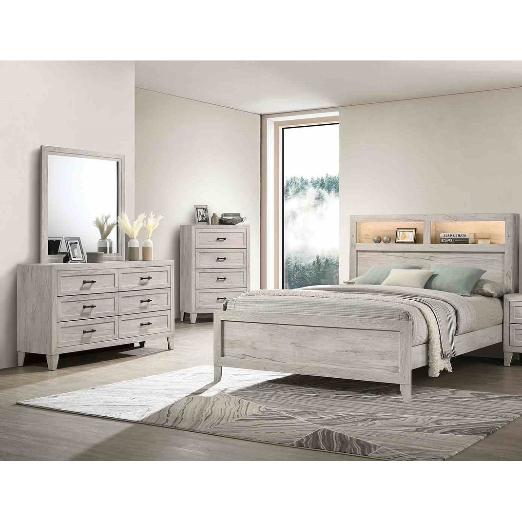 Antique White Finish LED Bed Dresser Mirror Chest 4pc Bedroom Set