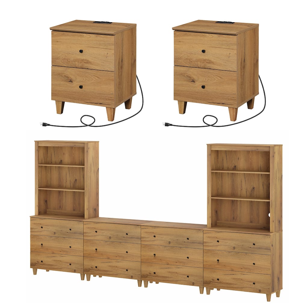 Wood TV Entertainment Center for 75" TV & Charging End Tables Set of 3