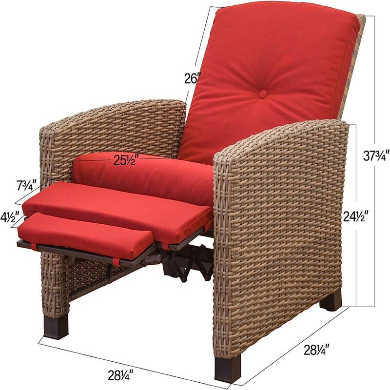 GDFStudio - Wicker Reclining Patio Chair, All-Weather Outdoor Recliner with Red Cushion for Ultimate Relaxation