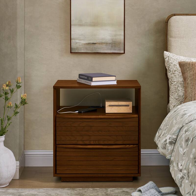 Roomfitters Mid Century Nightstand, Louver Design Bedside Table with USB Charging, Storage Drawers - Walnut Brown