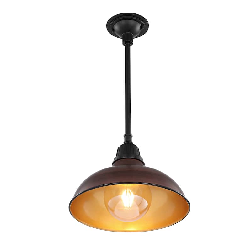 12.25" 1-Light Indoor/Outdoor Iron LED Pendant, by JONATHAN Y - 12.25 - Wood Finish/Black