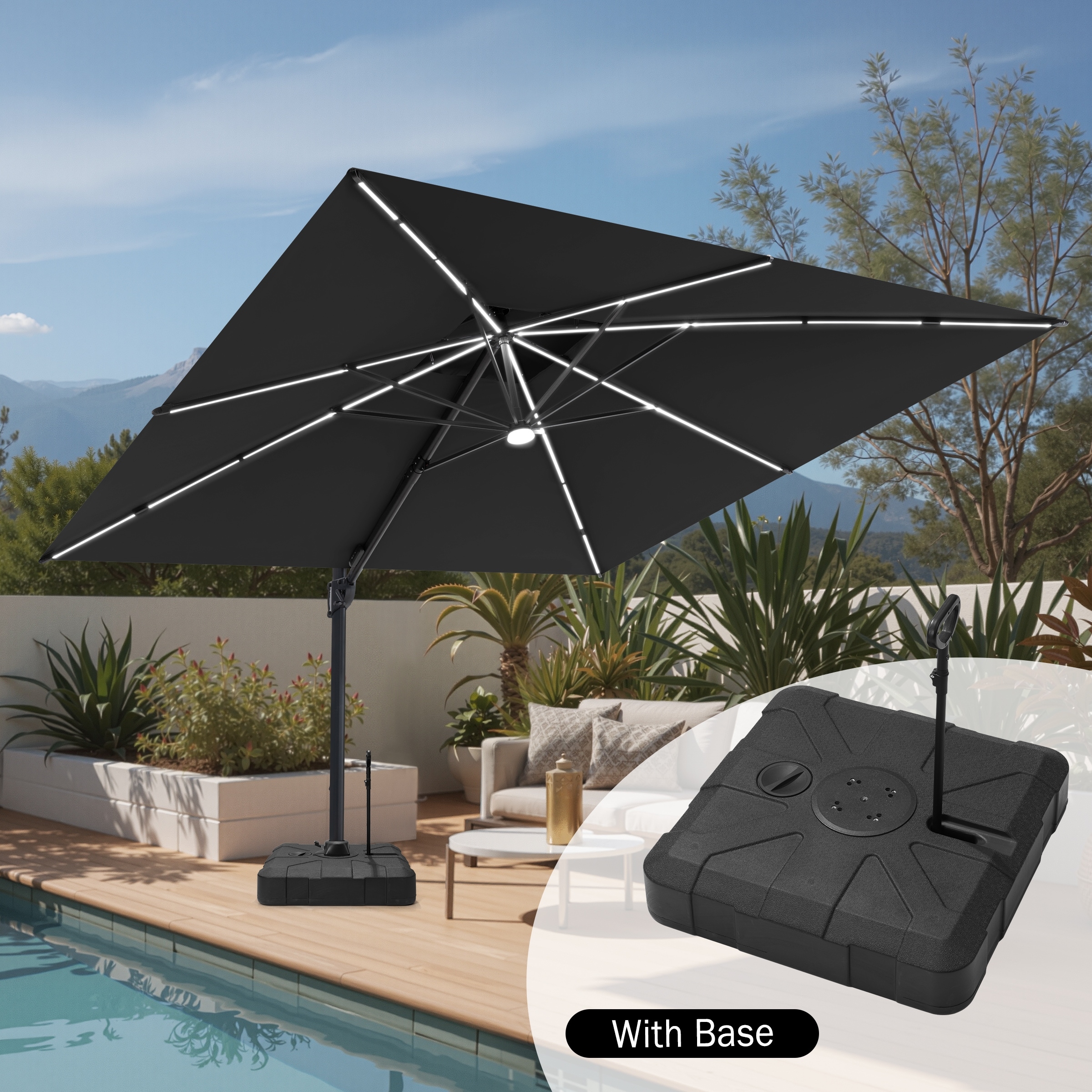 11 FT Outdoor Patio Cantilever Umbrella Solar Lights Double Canopy 360 Rotation Tilt with Pull Rod Wheels Base