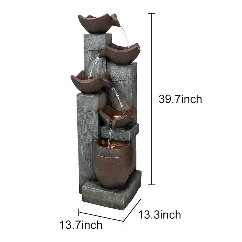 5-Tier Outdoor Water Fountains w/LED Lights Resin Fountain for Garden
