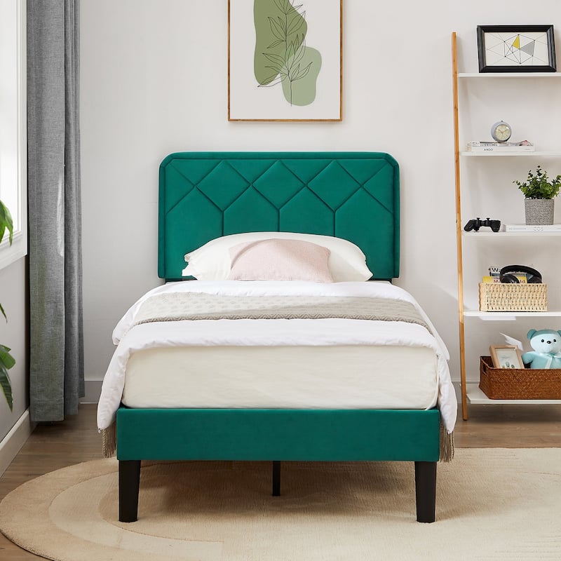 2 Pack Twin Size Kids Bed Frame Height Adjustable Diamond Pattern Upholstered Headboard Bed Twin Size Bed Set of 2