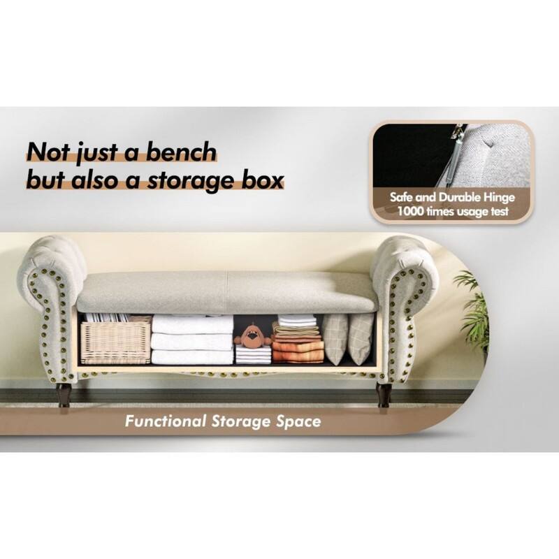 53" Length Upholstered Bench, Ottoman with Safety Hinge and Rolled Arm