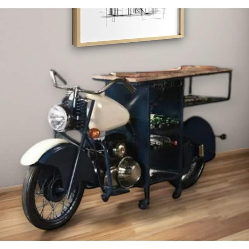 HomeRoots Blue and White Metal And Solid Wood Rolling Bar Cart With Wine Storage - 90.00 in. x 39.00 in. x 18.00 in. - White/Blue - Metal