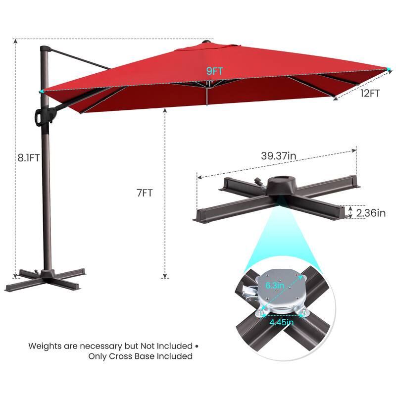 9 x 12 ft Outdoor Shade Parasol Patio Cantilever Offset Umbrella, No Base