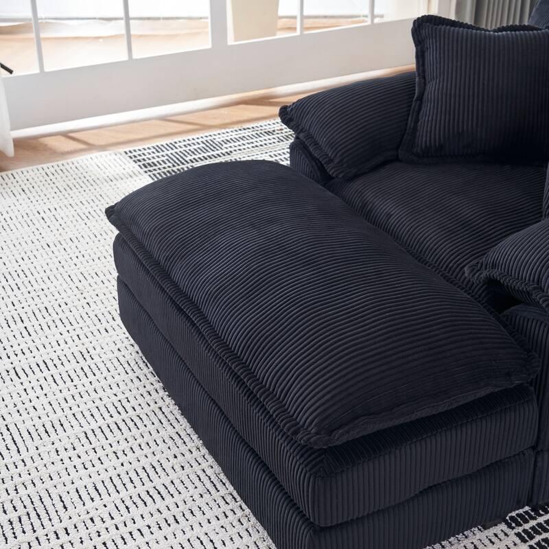 Corduroy Single Sofa Sets with Ottoman and 2 Toss Pillows, Deep Seat Design