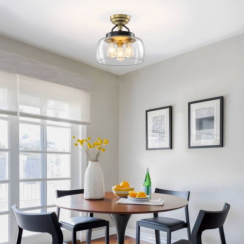 Starsky 3-Light Modern Clear Glass Dome Flush Mount Ceiling Light, Thick One-Piece Drum Shade