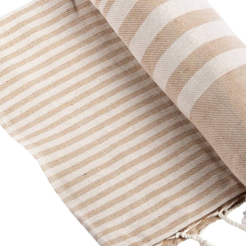 HomeRoots 59" X 71" Beige and Ivory Cotton Striped Turkish Towel Throw Blanket with Tassels