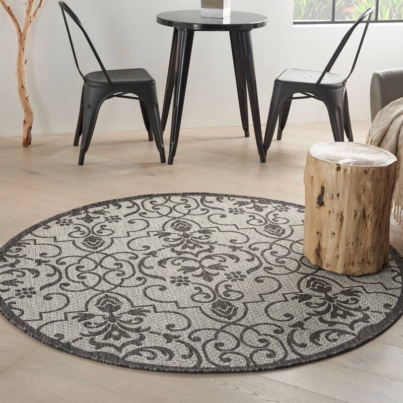 Nourison Garden Party Trellis Indoor/Outdoor Area Rug - 5'3" Round - Ivory/Charcoal