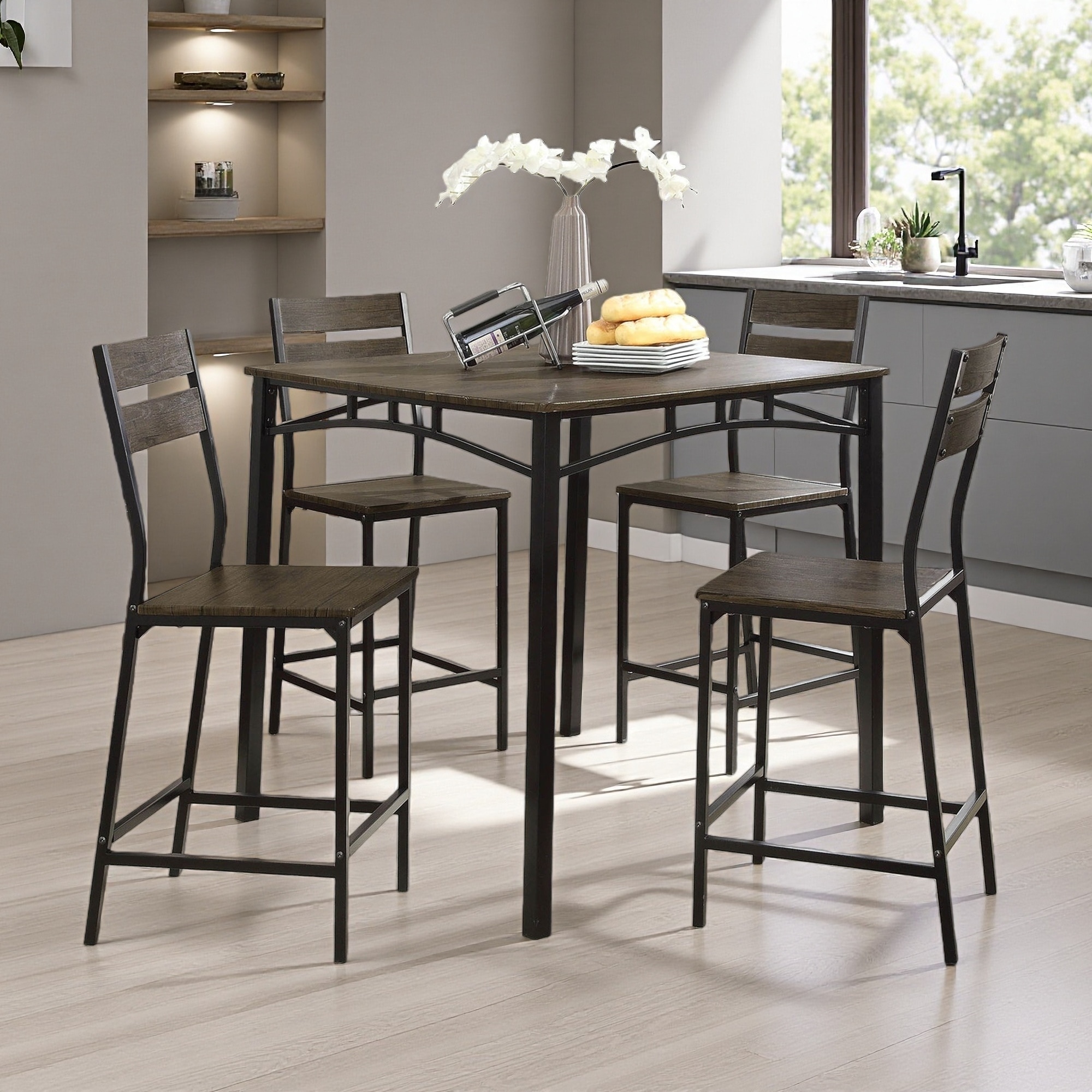 Set of 5 Metal Frame 38" Counter Height Square Dining Table with Wooden Slat Back Chairs, 5-Piece Industrial Dining Set