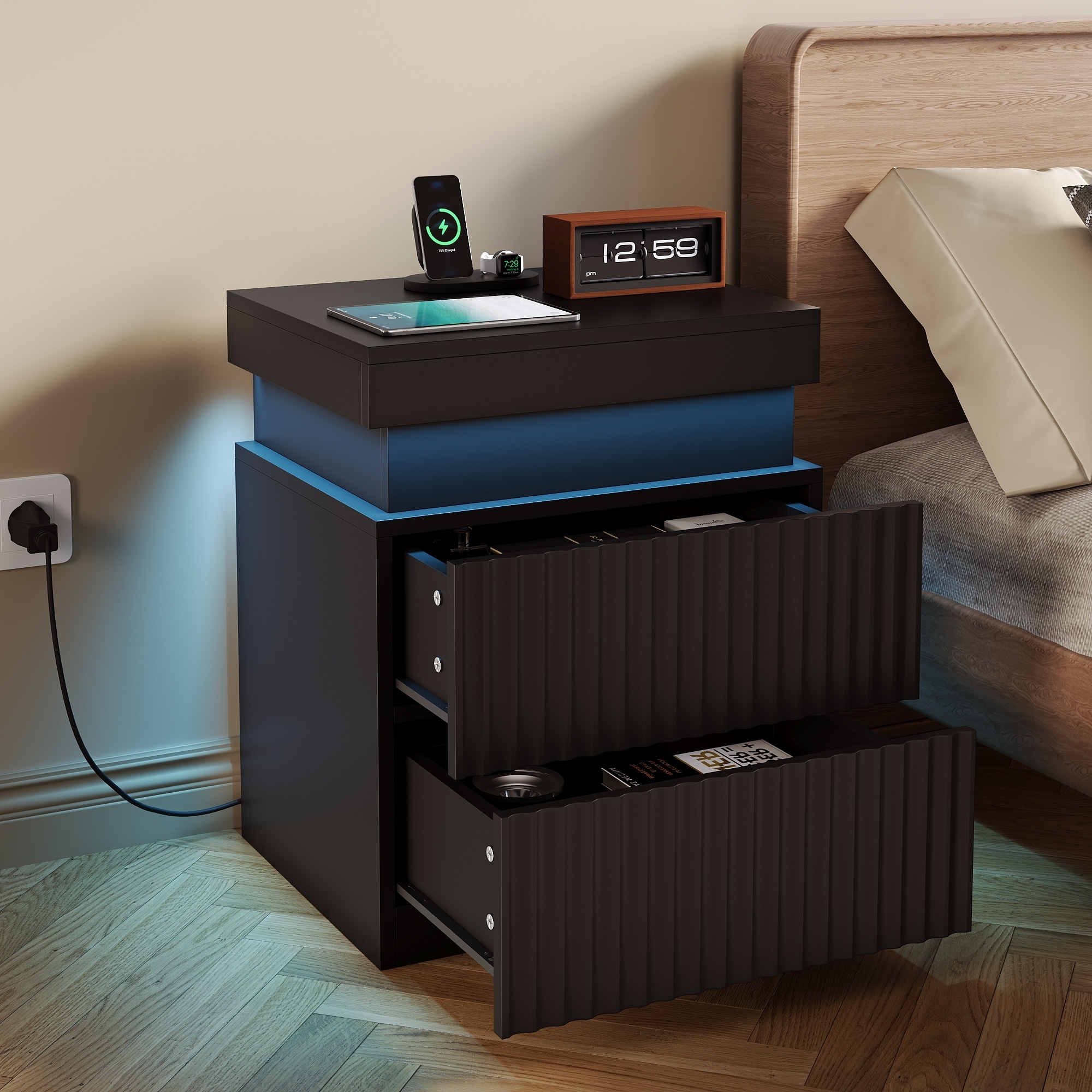 JASIWAY LED Night Stand Bedside Table with Charging Station- Set of 2