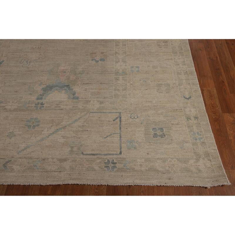 Beige Vegetable Dye Oushak Turkish Rug Hand-Knotted Floral Wool Carpet - 8'11"x 11'7"