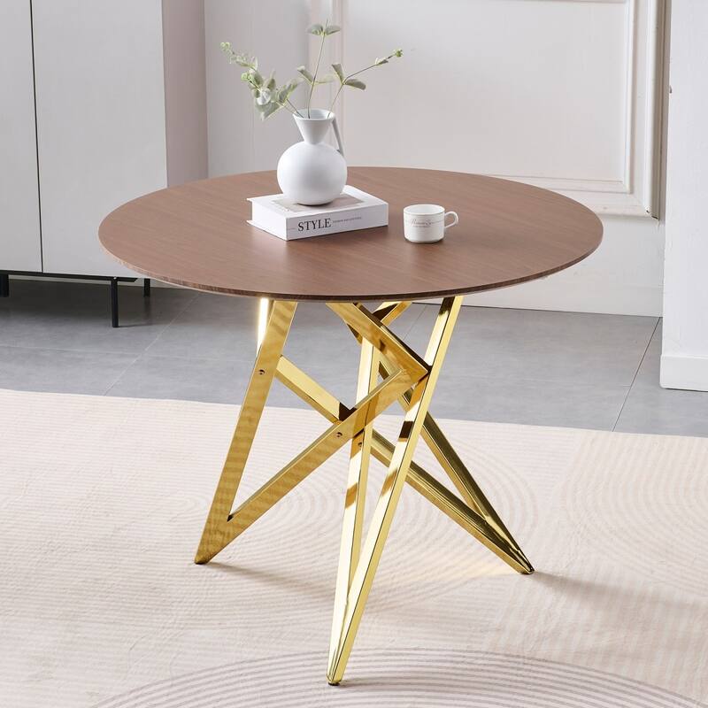 37" Modern Round Dining Table with Triangular Metal Legs - Walnut+Gold