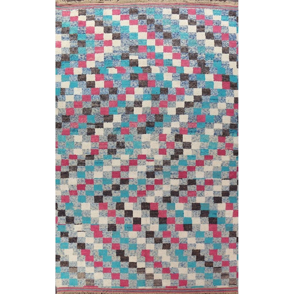 Checkered Modern Moroccan Oriental Area Rug Hand-knotted Wool Carpet - 9'10" x 14'10"