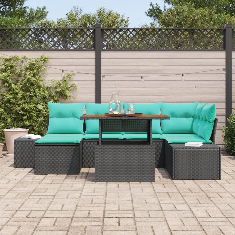 vidaXL 7 Garden Sofa Set with Cushions Black/Grey Poly Rattan - 103.9 x 60.6 x 27.2
