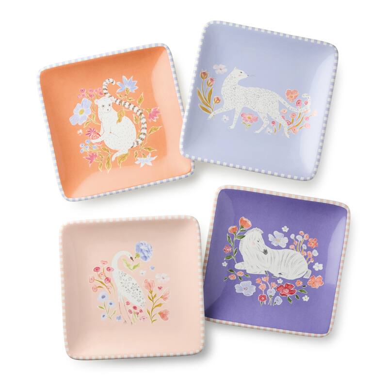 Certified International Menagerie 6" Canape/Luncheon Plates, Set of 4 Assorted Designs - 6.00"L x 6.00"W x 0.75"H