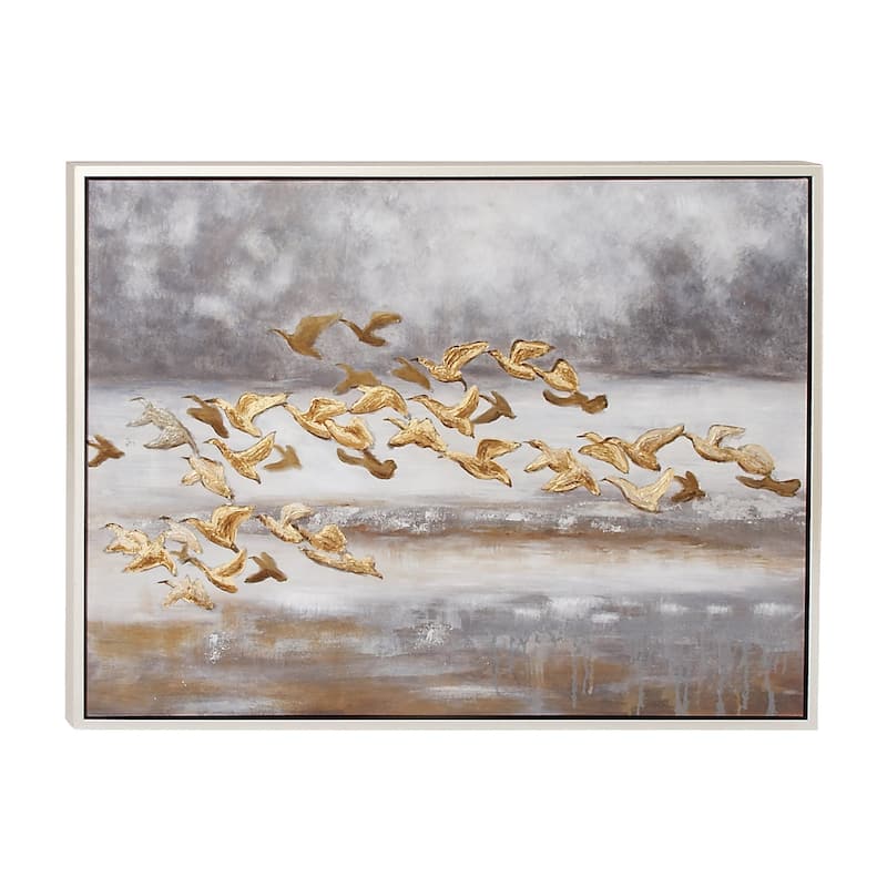 Canvas Bird Framed Wall Art with Silver Frame - Gold - Roche River Decor