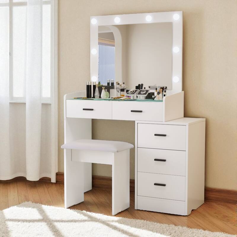 Adjustable Vanity Table with LED Mirror, 5 Drawers, Sliding Storage & Stool, Touch Light Modes