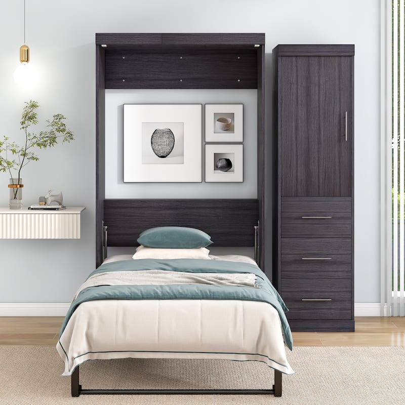 Murphy Bed with Wardrobe and 3 Storage Drawers, Pine Wood Multifunctional Wall Bed