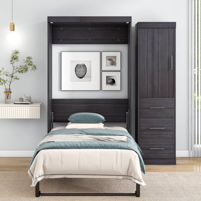 Twin Size Murphy Bed with Wardrobe and Drawers, Storage Bed, can be Folded into a Cabinet
