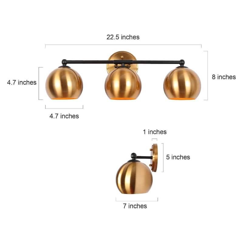 Marden Modern Black Gold 3-Light Bathroom Vanity Lights Vintage Metal Globe Wall Sconces - 22.5" L x 7" W x 8" H