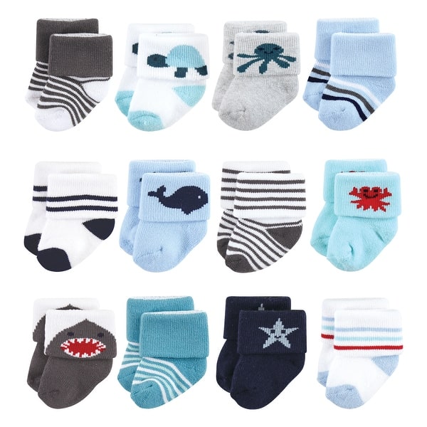 slide 1 of 1, Hudson Baby Infant Boy Cotton Rich Newborn and Terry Socks, Sea Creatures 12Pk 0-6 Months - Sea Creatures 12-Pack
