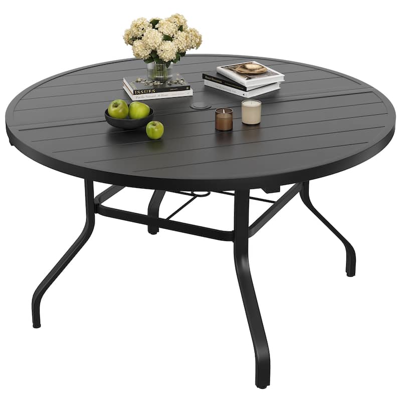 Round Outdoor Patio Dining Table, 47" Round Patio Table Wood-Like Grain with 1.57" Umbrella Hole, Metal Outdoor Dining Tables
