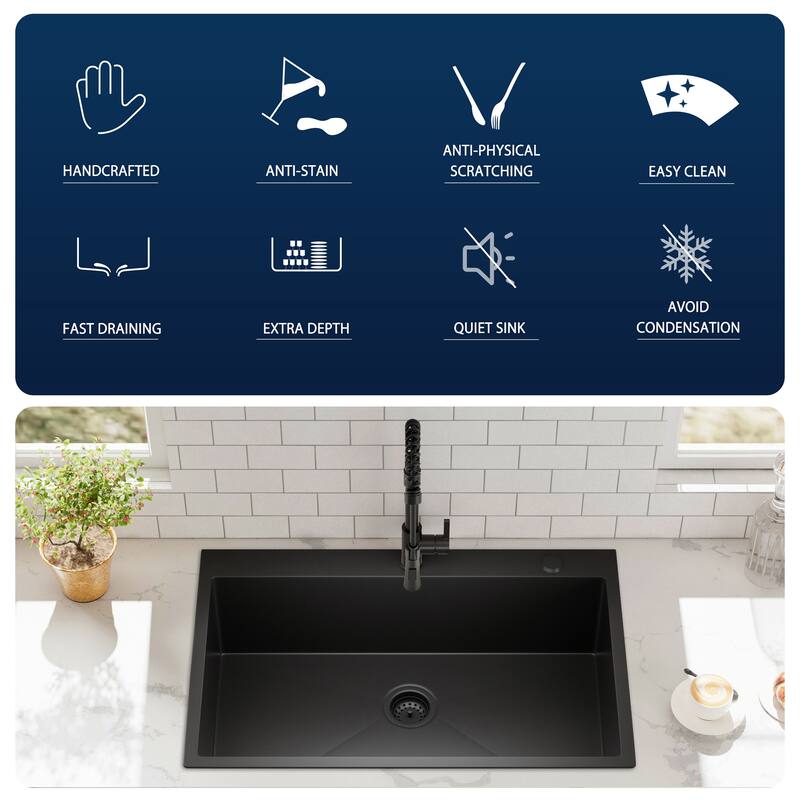 33 inch Drop-in Single Bowl Kitchen Sink, 18 Gauge Black Stainless Steel Kitchen Sink, Handmade Topmount Sink