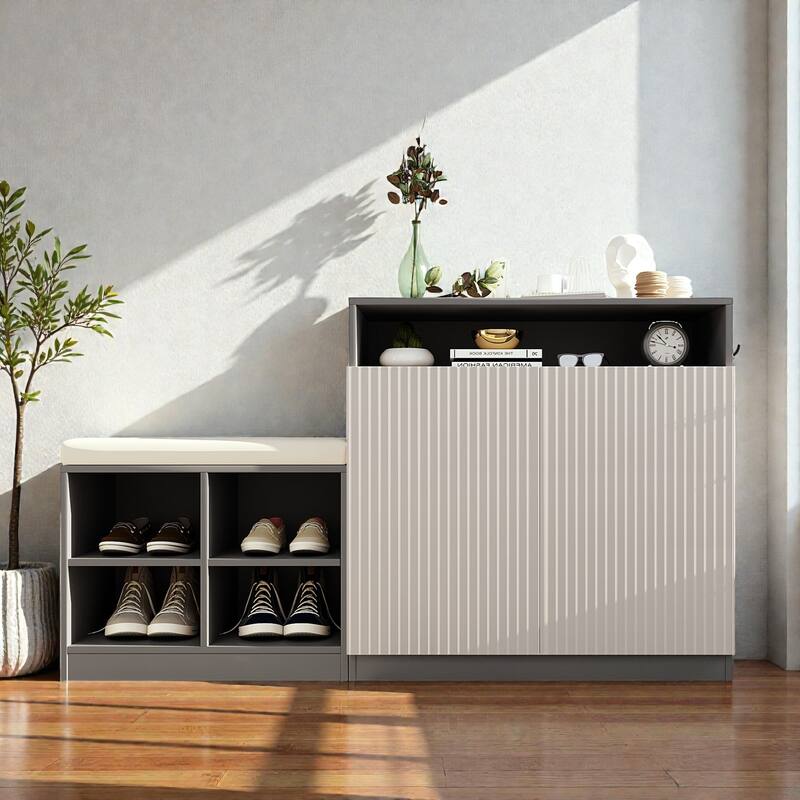 Entryway Shoe Cabinet with Bench, 2-Door Storage Console with Adjustable Shelves, 4 Open Shoe Racks & Cushion - Beige+Grey
