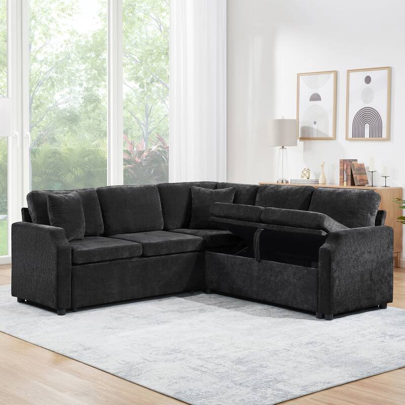 L-Shaped Sectional Sofa Bed, Chenille Upholstered Sleeper Sofa with Hidden Storage Compartment, 4 Seater Corner Sectional Sofa