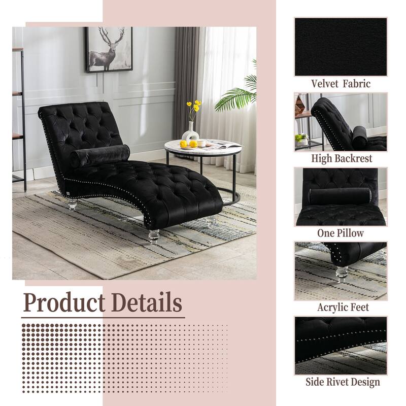 Black Modern 63.98" Upholstered Buttons Tufted Chaise Lounge Chair with Pillow and Acrylic Legs