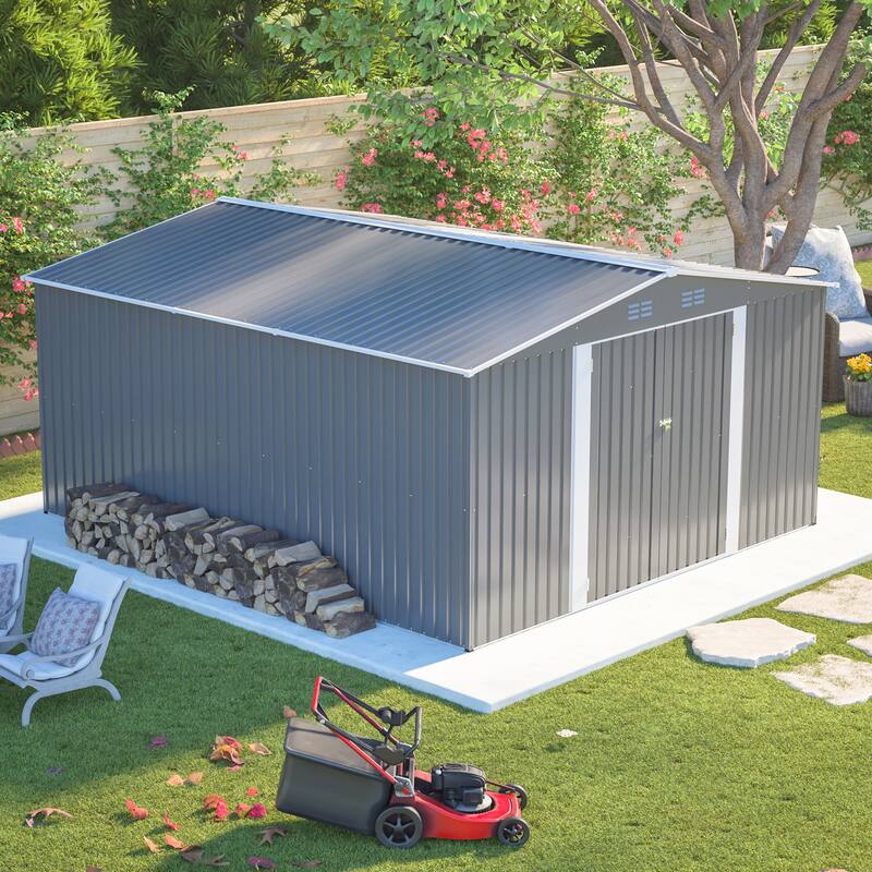 GDFStudio - Cassandra Large Outdoor Metal Storage Shed with Lockable Doors for Secure Vehicle and Equipment Storage