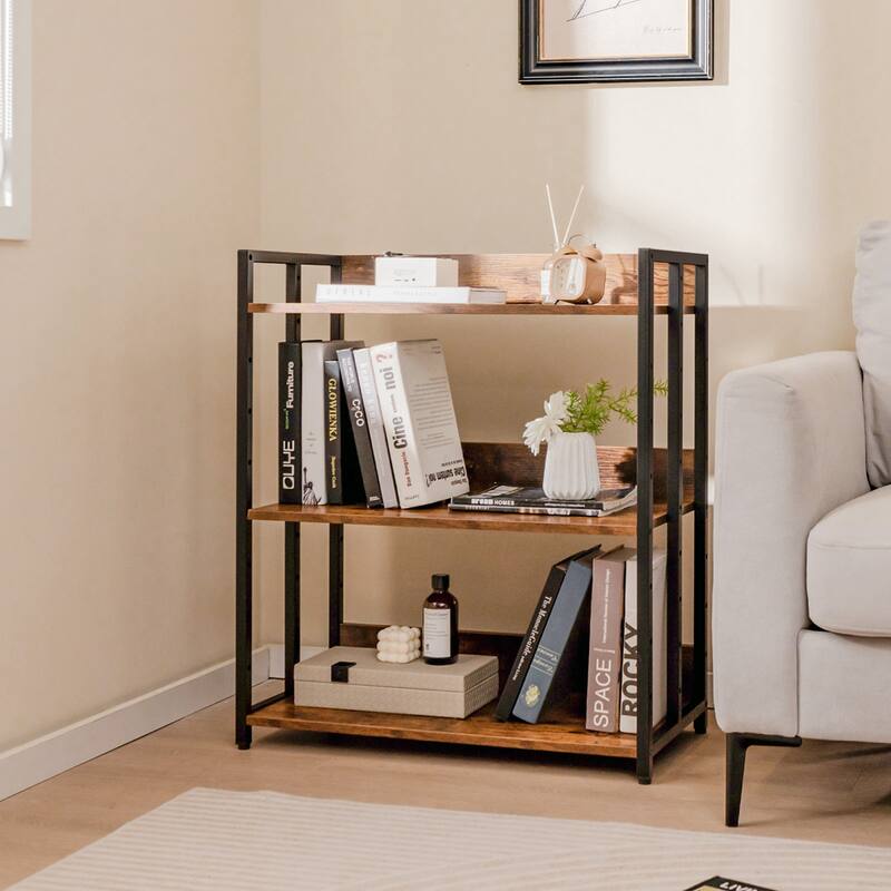 Costway 3-Tier Industrial Metal Frame Corner Bookcase with Adjustable - See Details