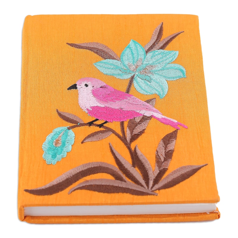 Novica Handmade Natures Saffron Beauty Rayon Embroidered Journal