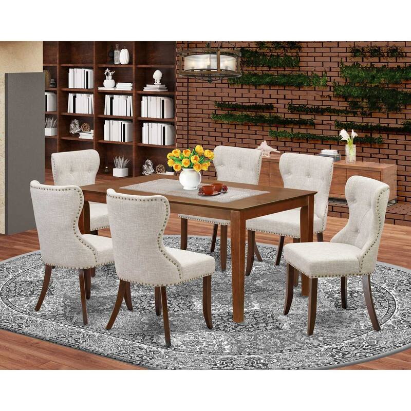 HomeStock 7-Piece Mahogany Finish Solid Wood Top Dining Table with 6 Parson Chairs with Lattice Back