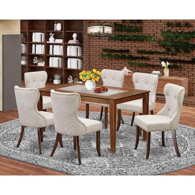 HomeStock 7-Piece Mahogany Finish Solid Wood Top Dining Table with 6 Parson Chairs with Lattice Back