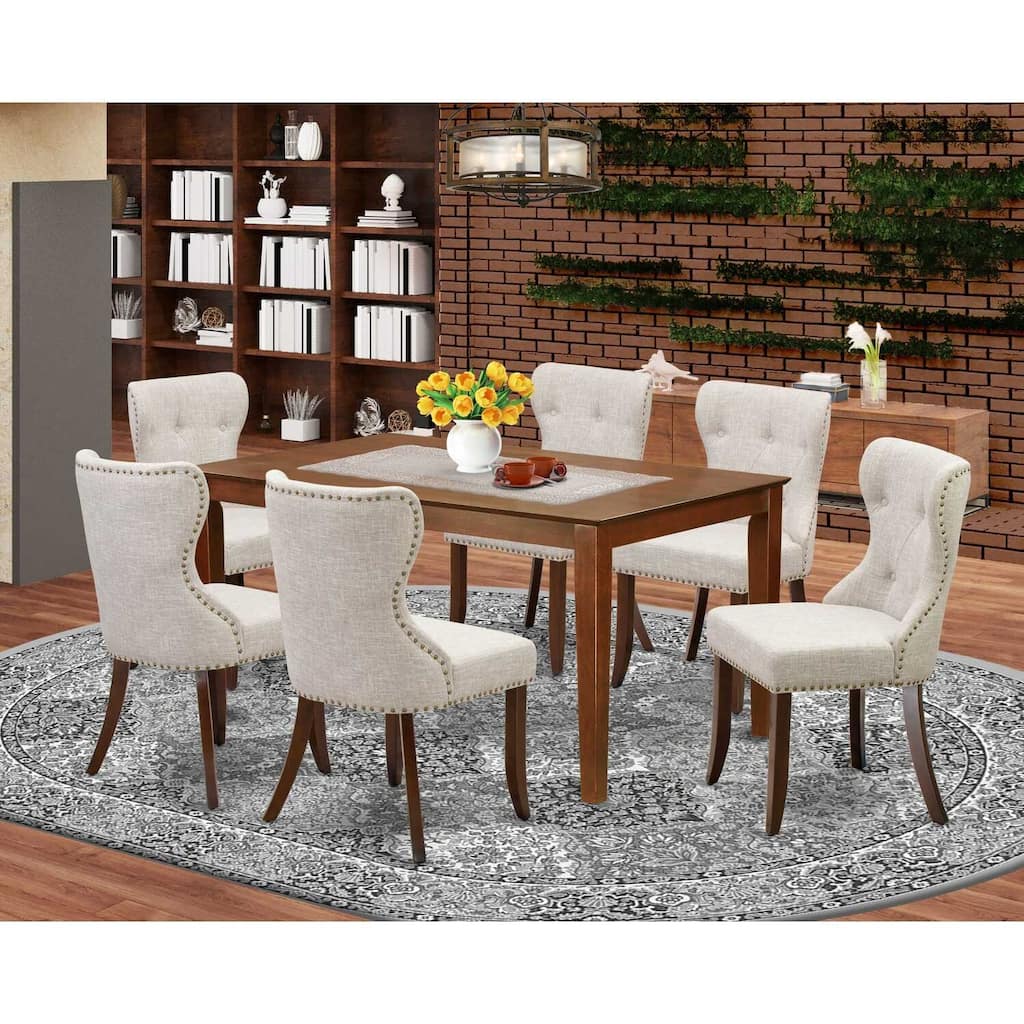 HomeStock 7-Piece Mahogany Finish Solid Wood Top Dining Table with 6 Parson Chairs with Lattice Back