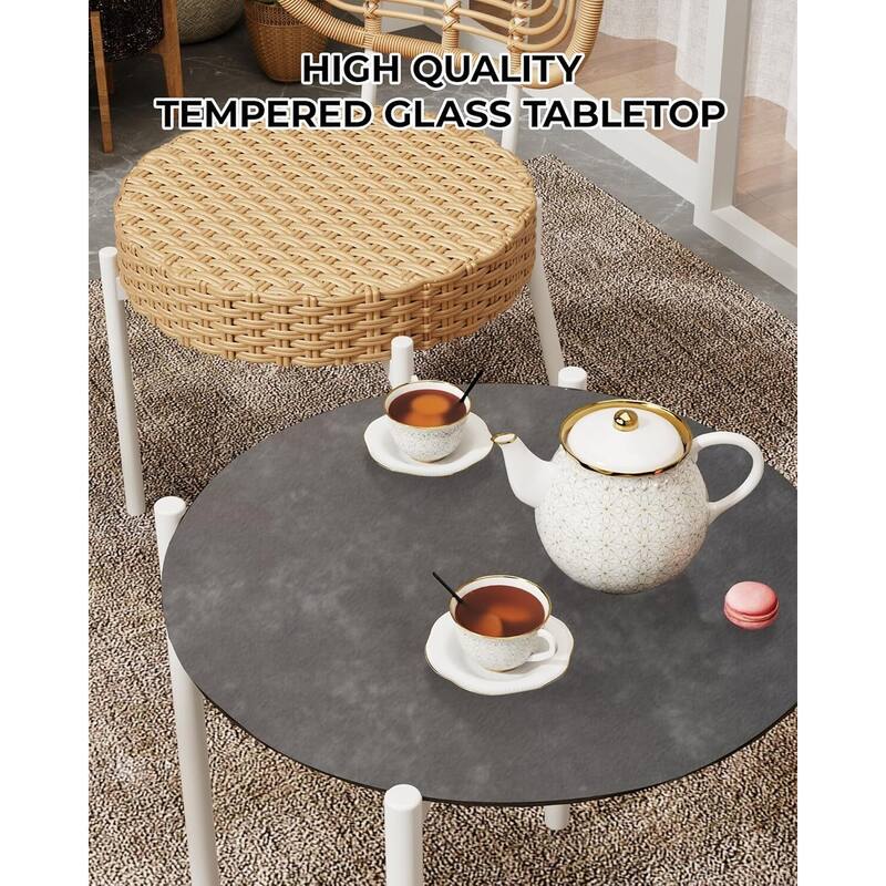 3 Piece Outdoor Bistro Set, Patio Rattan Bistro Set with Coffee Table, White Steel Frame + Grey Rattan - N/A
