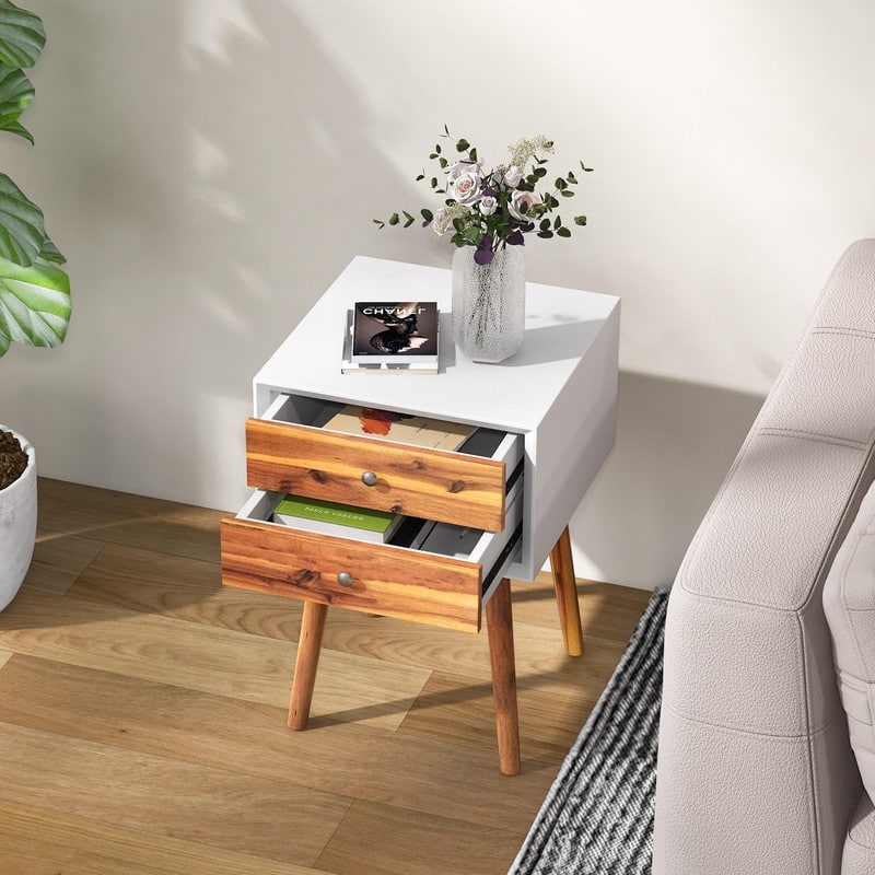 Nightstand with 2 Drawers Set of 2 - White & Walnut