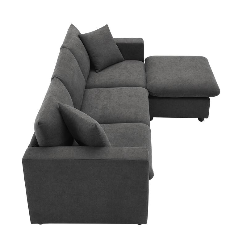 Grey 100.4'' Polyester L-Shaped 4-Seat Sectional Sofa Couch with Convertible Ottoman and 2 Pillows, Contemporary Design