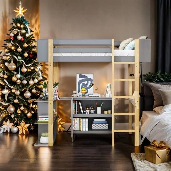 slide 2 of 19, Full Size Wood Loft Bed With Cabinet and Cubes, Foldable desk, Grey Grey