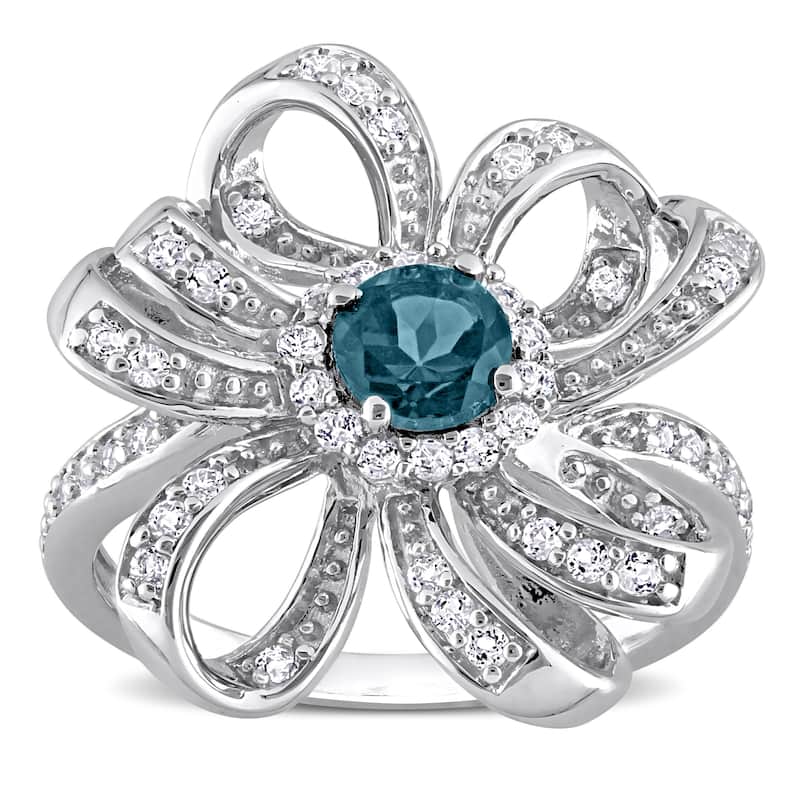 Miadora London Blue Topaz and White Topaz Floral Cluster Ring in Sterling Silver