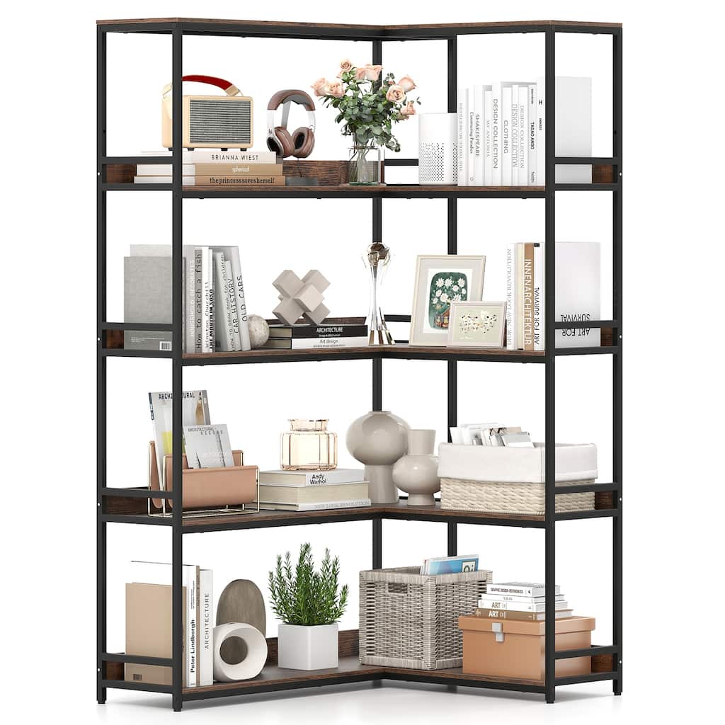 Metal and Wood L-Shaped Bookshelf 5-Tier Corner Shelf with Anti-Tip Kits - 43.5" L x 35" W x 71" H