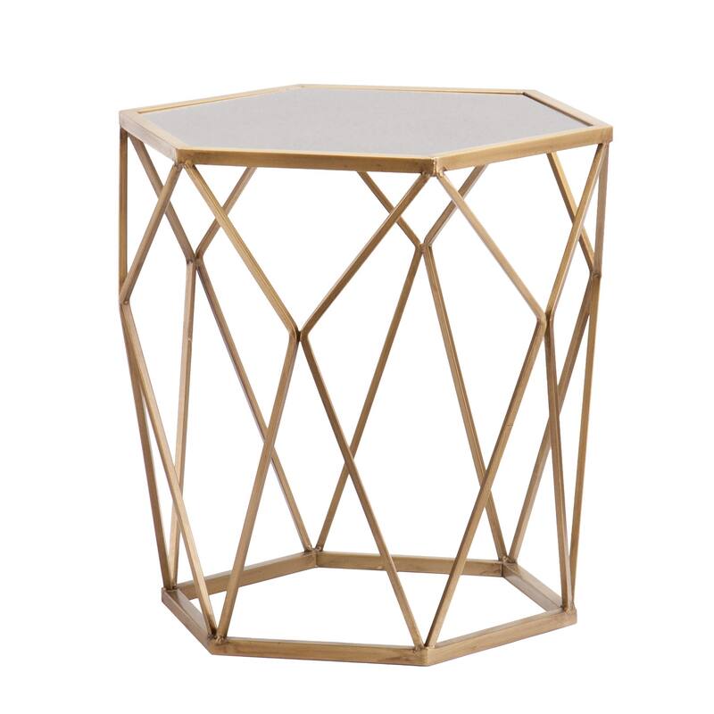 Gold Hexagon Glass End Table with Mirrored Top and Iron Frame Accent for Living Room or Bedside - 18.75" H x 19" W x 18.5" L