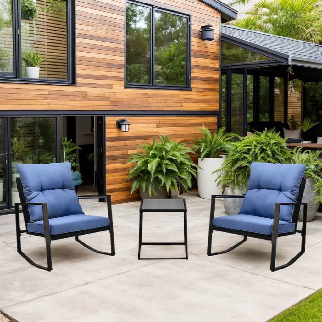 3-Piece Outdoor Rocking Chair Set with Blue Cushions for Garden and Patio